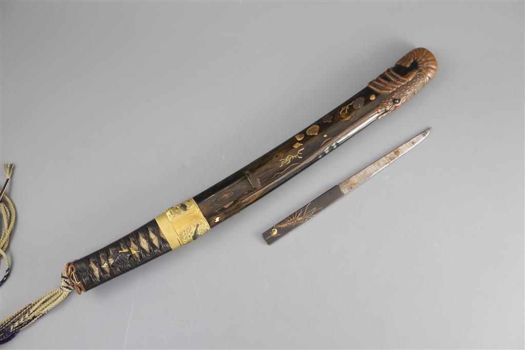 A fine Japanese sea creatures tanto, Meiji period, total length 45.5cm